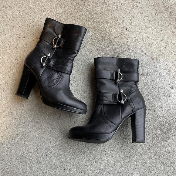 HARLEY DAVIDSON black leather high heel moto boots with silver hardware US 7 - Picture 1 of 8